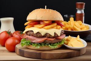 A large hamburger with cheese and meat on a wooden cutting board photo