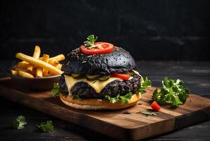 A black burger with cheese, tomato and lettuce on a wooden cutting board photo