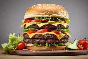 A large hamburger with cheese, lettuce, tomatoes and other vegetables photo