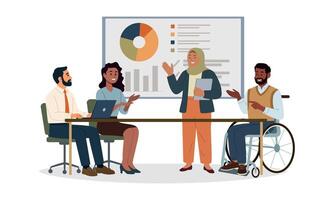 Business Presentation. A group of diverse people leading a presentation at a table near a board. Cartoon illustration in a flat style. Isolated on background vector