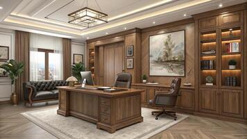 A home office with a desk, chair and a painting photo