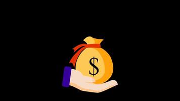 Take many, Animation of salary icon with hand and bag of money on a black and green screen background. video