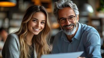 Happy manager presenting an award to smiling employee in a bright modern office photo