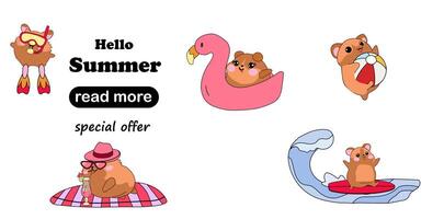 Web page design template. Cute hamsters enjoying a fun summer vacation at the beach vector