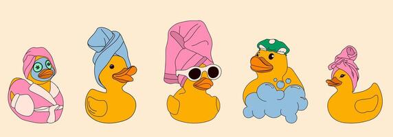 A set of rubber ducks enjoying a spa day, featuring scenes with towels, shower caps, bubbles, and calm expressions. vector