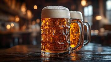 Animated beer mugs with frothy tops set on a rough dark stone table bar setting photo