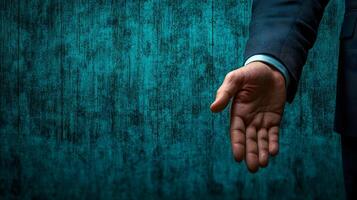 Heroic leader in a suit extending a hand forward in a professional hiring illustration photo