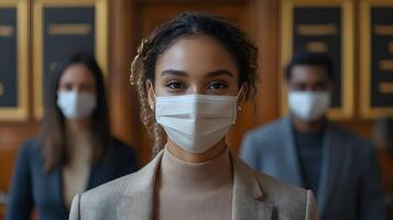 Business call with masked participant in different backgrounds professional setting photo