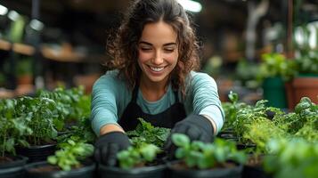 Smiling woman adding compost while planting trees in a greenhouse setting illustration photo