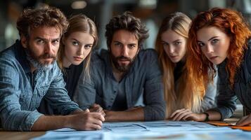 Modern digital artwork of a diverse team working together on a startup project photo