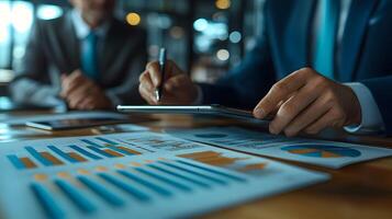 Business leaders analyzing financial data on a tablet while discussing strategy teamwork photo