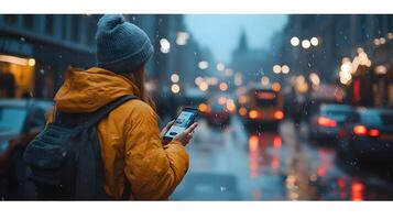 Passengers using mobile app to hail a robotaxi in the city. photo