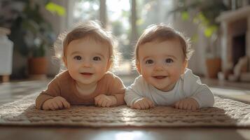 Siblings playing together in a bright room. photo