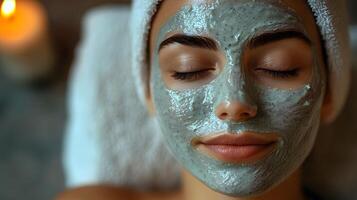 Woman applying facial mask with glowing skin. photo