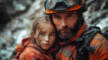 A firefighter carrying survivor from the rubble of a collapsed building after a massive earthquake strong emotional expression detailed environment cinematic storytelling photo