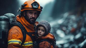 A firefighter carrying a survivor from the rubble of a collapsed building after a massive earthquake strong emotional expression detailed environment cinematic storytelling. photo