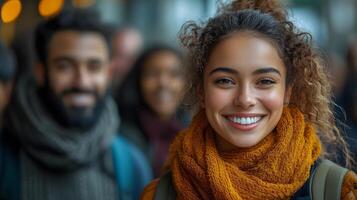 People of various ethnicities smiling and interacting happily at a multicultural event photo