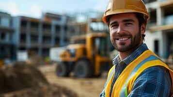 Civil engineer smiling while reviewing infrastructure development at a site illustration. photo