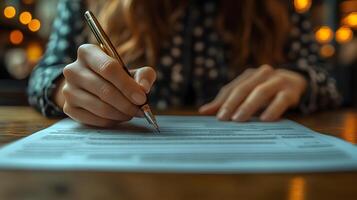 A close up of hands filling out a model release form on a wooden table photo