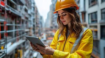 Female construction engineer using a tablet to inspect project progress at an urban site illustration photo