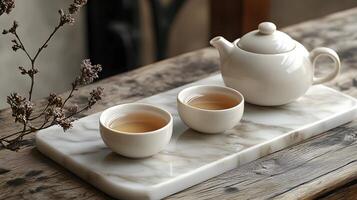 A minimalist modern tea set with smooth ceramic cups and a sleek teapot set on a marble surface photo