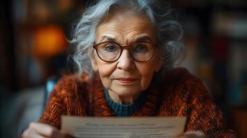 Senior woman holding a signed contract representing a secure financial future illustration photo