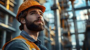 Male engineer in a reflective vest standing on a construction site with a determined expression illustration photo
