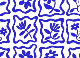 seamless pattern with modern tiles with blue flowers and ornaments vector
