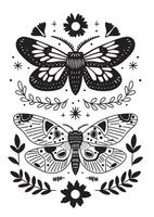 Set of mystical butterflies in boho style. Doodle. vector