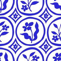 seamless pattern with modern round tiles with blue flowers and ornaments vector