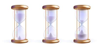 White sand running hourglass sequence.end Glass clock for time countdown. 3d watch, sandglass budget timer. Abstract realistic isolated game icon. Vintage old golden stopwatch. vector
