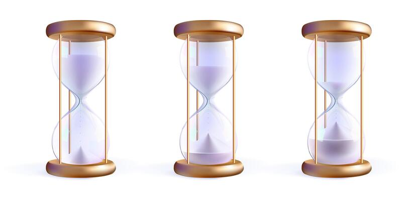 White sand running hourglass sequence.end Glass clock for time countdown. 3d watch, sandglass budget timer. Abstract realistic isolated game icon. Vintage old golden stopwatch.