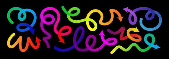Gradient line arrow set. Curved shape doodle icon element, gradation squiggly brush bg. Up and down direction, scribble stroke carnival pattern. Change plan graphic sign, color circle curly bold vector