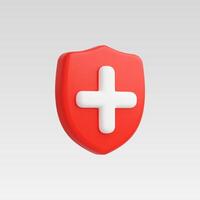 3D red shield with a white cross symbolizing health protection. vector