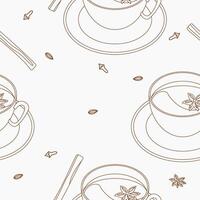 Editable Outline Three-Quarter Top View Cup of Masala Chai with Star Anise and Herb Spices Vectorized Illustration Seamless Pattern for Background of Beverages With South Asian Culture and Tradition vector