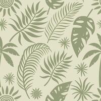 Seamless Sage Green Tropical Pattern with Palm Leaves and Sun Icons Minimal Botanical Jungle Design vector