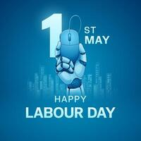 Happy Labor Day. Happy International Workers' Day. Concept of congratulating artificial intelligence helping to work. Robot hand holding computer mouse. 3D illustration. vector