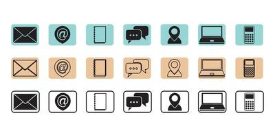Communication and social media icon set . Communication, mail, phone, web, home, address icon collection. vector