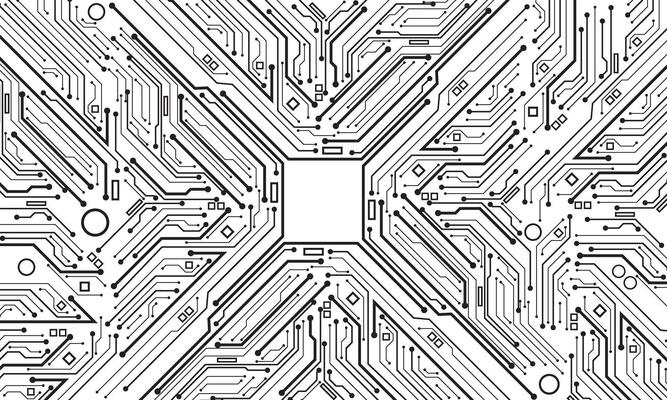 Abstract black circuit board technology connected lines electronics elements computer motherboard chip processor digital white background