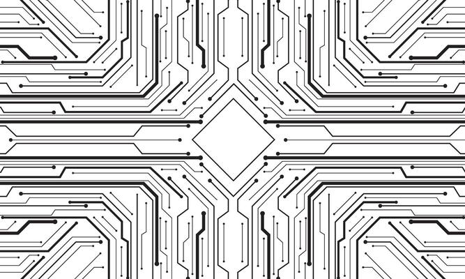Abstract black circuit board technology connected lines electronics elements computer motherboard chip processor semiconductor digital white background