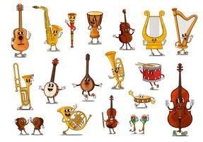 Groovy musical instruments cartoon characters set vector