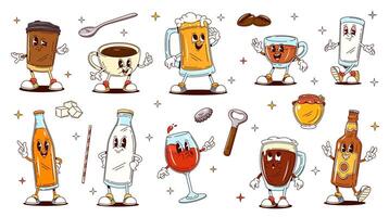 Groovy cartoon drink and beverage characters set vector