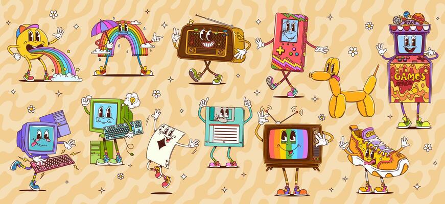 Retro groovy characters of cartoon hippie symbols