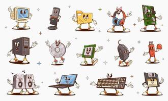 Groovy retro computer device and gadget characters vector