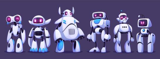 Futuristic robots, cartoon droid mascot characters vector