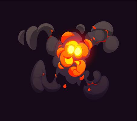 Cartoon bomb explosion, blast effect, smoke cloud