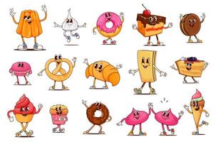 Bakery, sweets and desserts groovy characters vector