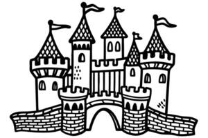 medieval castle illustration with flags, towers, and stone walls historic architecture design vector