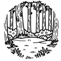 black and white forest illustration with trees and bushes in circular frame, nature art vector