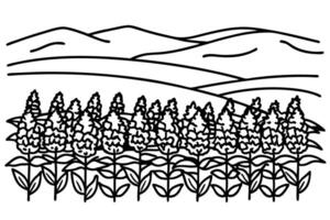 Outlined landscape with hills and trees, nature scene with greenery and rolling terrains vector